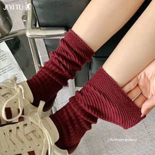 安可拉红粗线针颗粒织袜子女秋冬韩系酒红色松口堆堆棉袜配德训鞋
