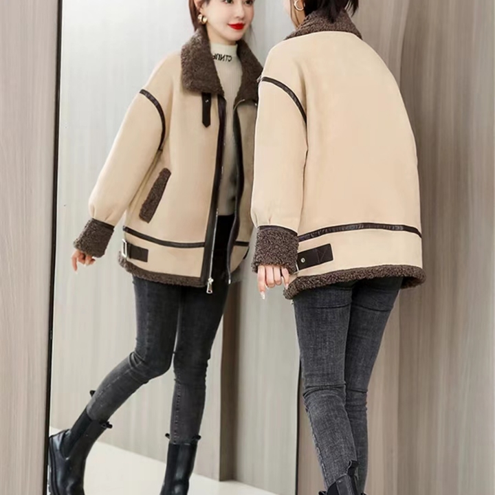 羊羔毛外套女短款2021年冬季新款宽松皮毛一体百搭加绒加厚机车服