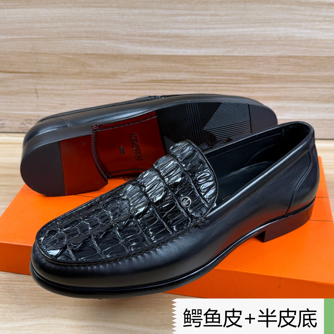 42码春夏新款鳄鱼皮加小牛皮商务休闲乐福半皮底高档一脚蹬男鞋