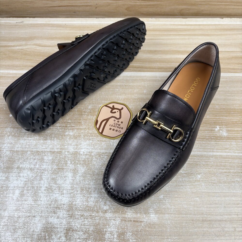 进口XL底男士豆豆头层牛皮套脚商务休闲鞋防滑舒适上线擦色乐福鞋