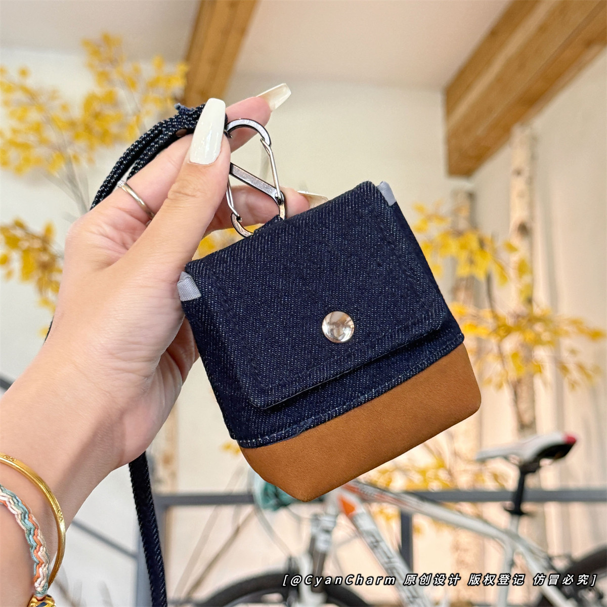 复古拼色牛仔创意挂脖零钱包随身便携耳机口红收纳包情侣包包挂件