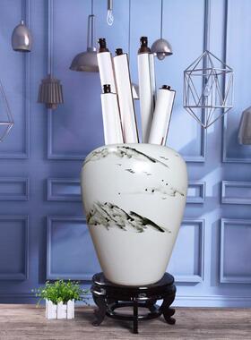 书画缸卷轴缸字画筒花插落地陶瓷大花瓶白色水墨插花装饰古典摆件
