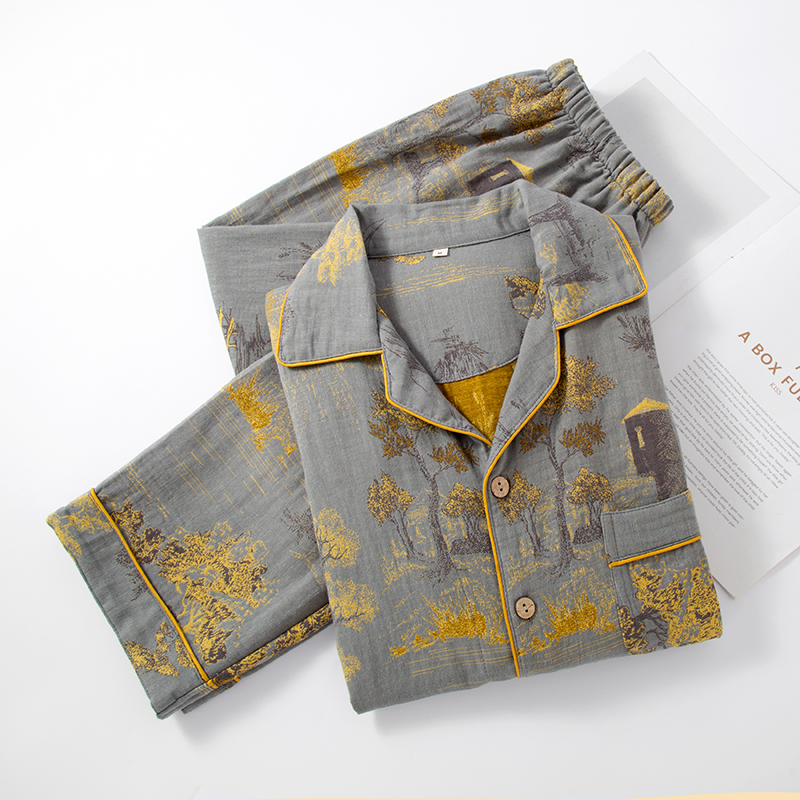 睡衣男士春秋款纯棉男款大码棉纱秋冬家居服可外出穿长袖长裤套装