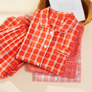 BOLFURIN纯棉纱布格子睡衣女翻领长袖全棉家居服套装可外穿休闲风