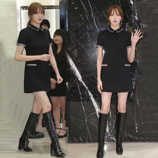 小黑裙气质礼服裙镶钻短袖 连衣裙潮 复古优雅法式 2023欧美早春新款