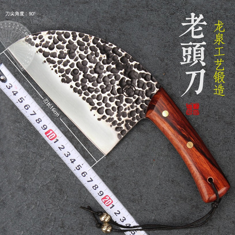 龙泉庖丁刀具高锰钢野外厨房圆头老头刀纯手工锻打夹钢传统铁菜刀