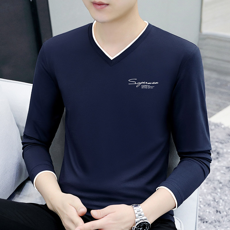 春秋季男士长袖T恤V领修身潮流纯棉鸡心领休闲高档印花百搭打底衫