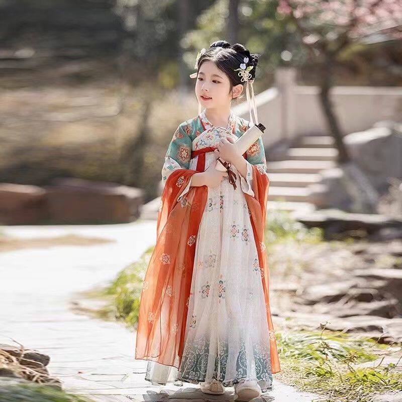 新款儿童汉服女敦煌唐朝公主古装古风女童春秋套装长袖儿童连衣裙