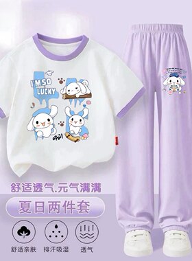 大耳朵卡通狗女童短袖套装夏季2026新款中大童冰丝防蚊裤休闲运动