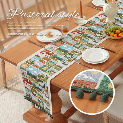 派对装饰桌旗厨房餐桌可爱卡通风景长条桌布茶几旗仿棉麻边柜盖布