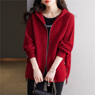 春秋夹克棒球服短款 女2025新款 爆款 红色连帽休闲卫衣外套拉链开衫