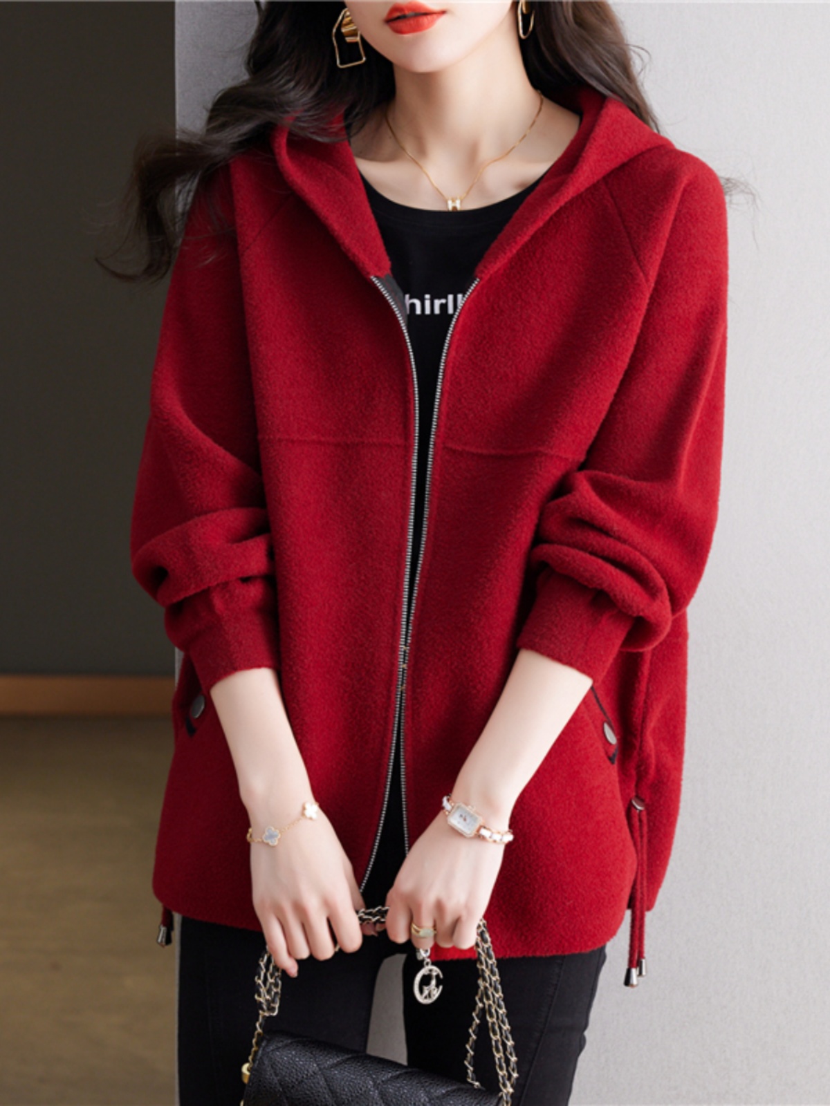 红色连帽休闲卫衣外套拉链开衫爆款女2025新款春秋夹克棒球服短款