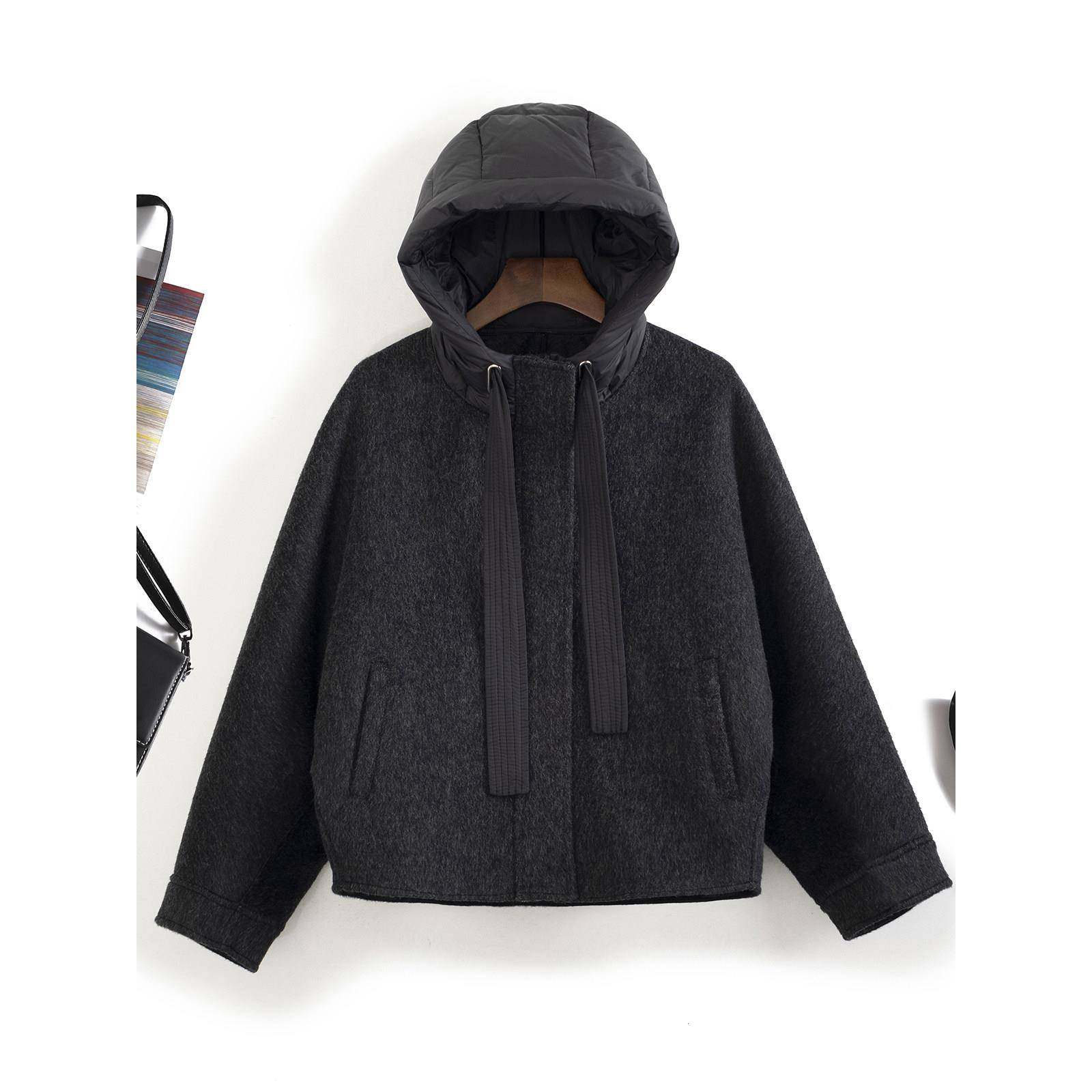 高端妈妈装2025冬新款设计感羽绒连帽蝙蝠袖双面羊绒大衣短外套女