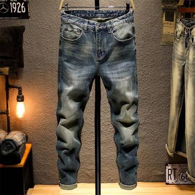 香港潮牌深色复古牛仔裤男秋冬欧美款高端修身做旧小直筒弹力长裤