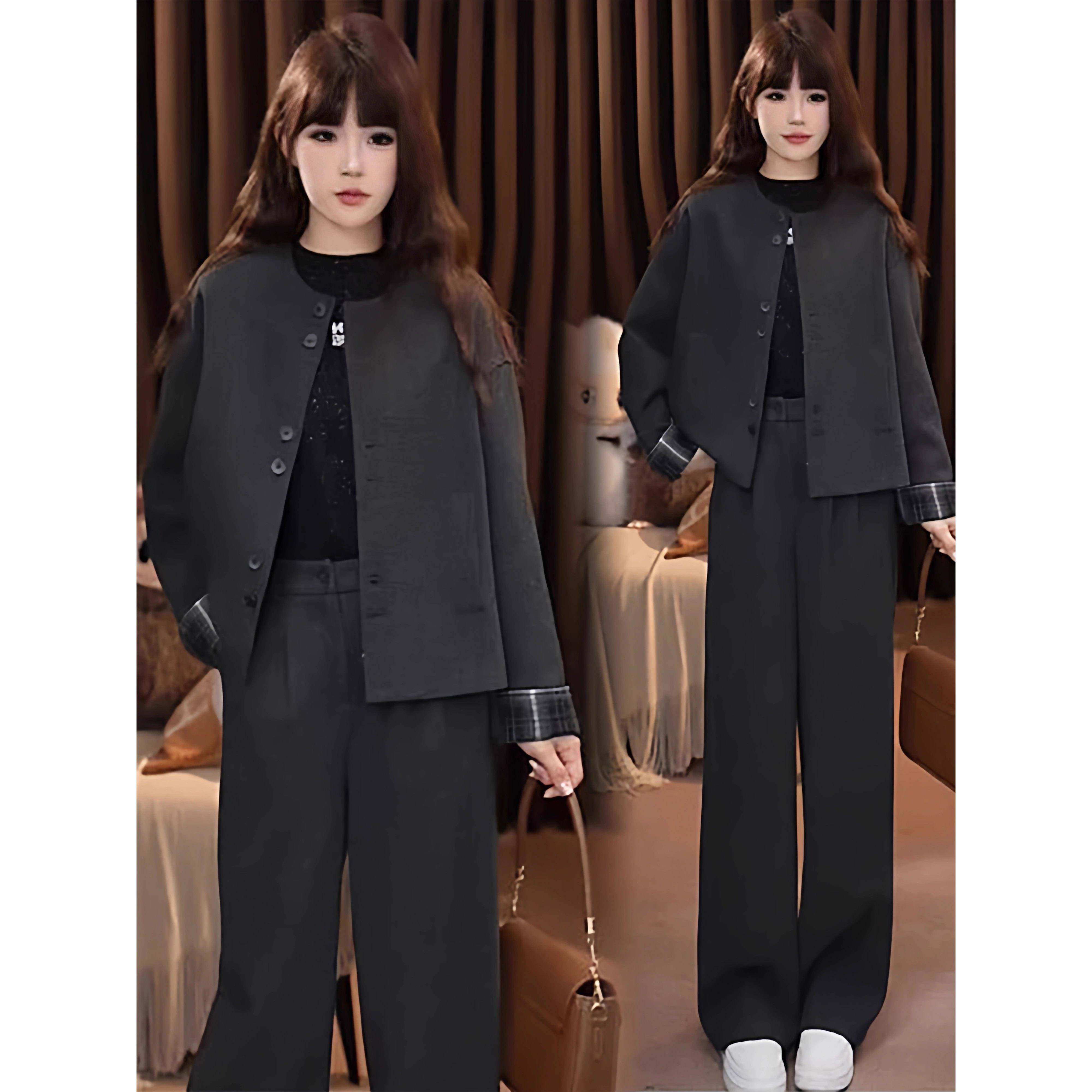 香港代购时尚套装女秋新款显瘦格子拼接圆领短款外套直简裤两件套