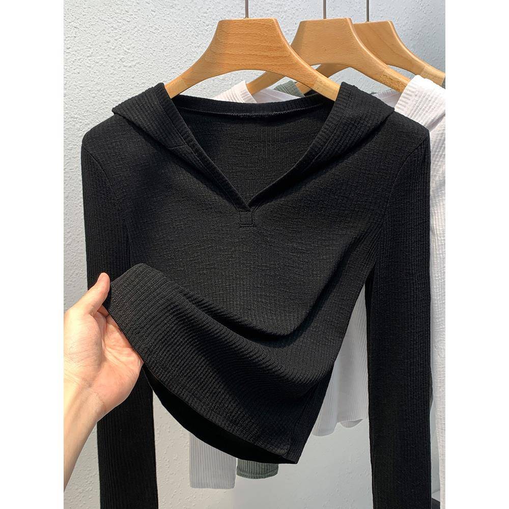 高档轻奢连帽打底衫女士春秋季新款时尚内搭修身带帽针织长袖上衣