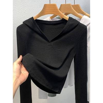 高档轻奢连帽打底衫女士春秋季新款时尚内搭修身带帽针织长袖上衣