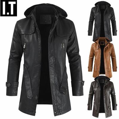 欧美大码连帽真皮皮衣男秋冬季中长款机车服风衣加绒加厚大衣外套