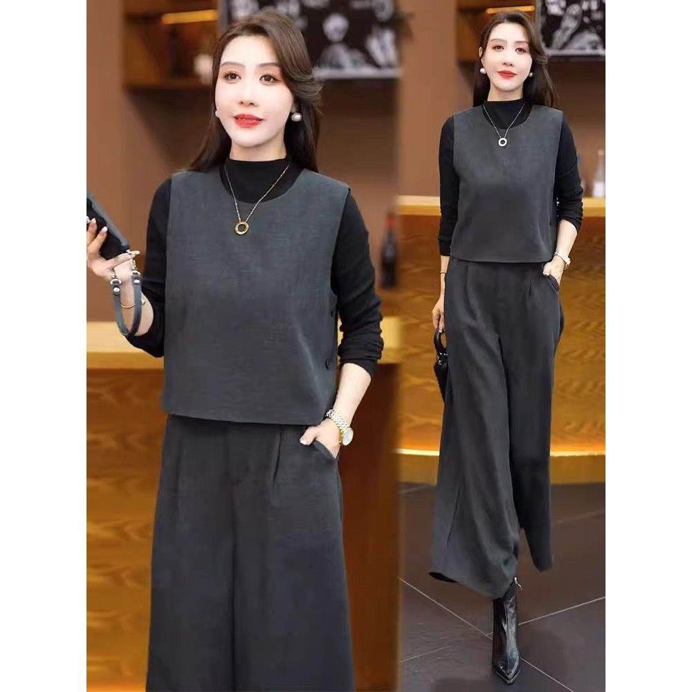 香港代购时尚套装女秋季新款时髦长袖打底衫马甲直筒阔腿裤三件套