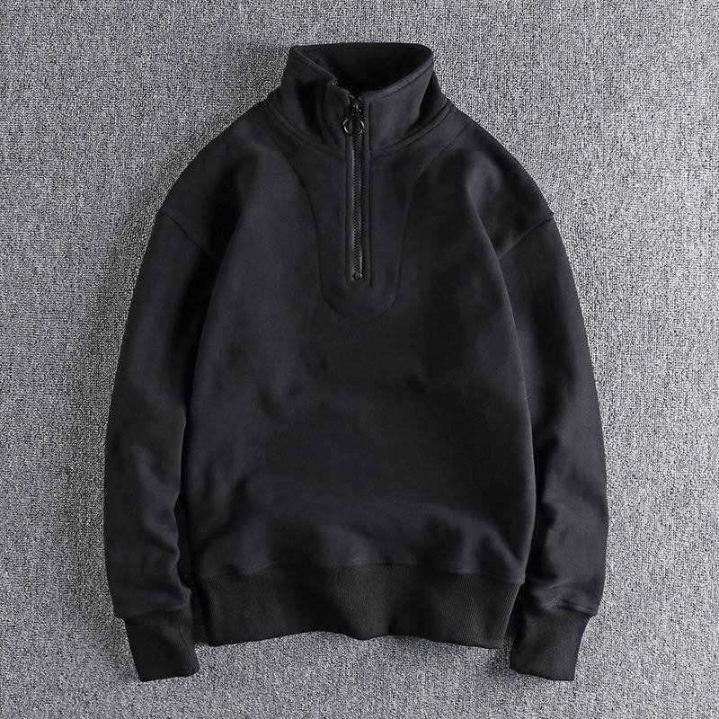 代购香港潮男秋冬复古重磅纯色加绒加厚男士半开立领卫衣套头外套