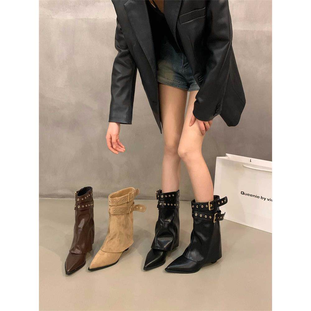 香港粗跟尖头中筒骑士靴女靴子2025年冬季美拉德堆堆靴裤管靴短靴