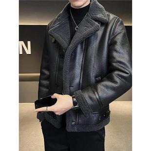 加绒夹克男秋冬季羊羔毛翻领加厚防风抗寒保暖美式痞帅机车皮外套