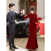 新娘订婚加厚酒红色丝绒长袖 中式 改良鱼尾旗袍敬酒服冬春季 礼服裙