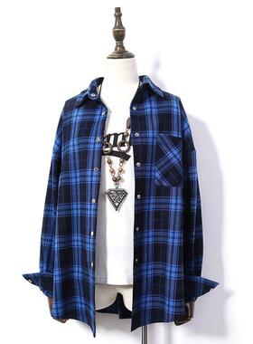 春秋新款蓝色格子衬衫女覆古港味宽松韩版外套中长款长袖直筒百搭