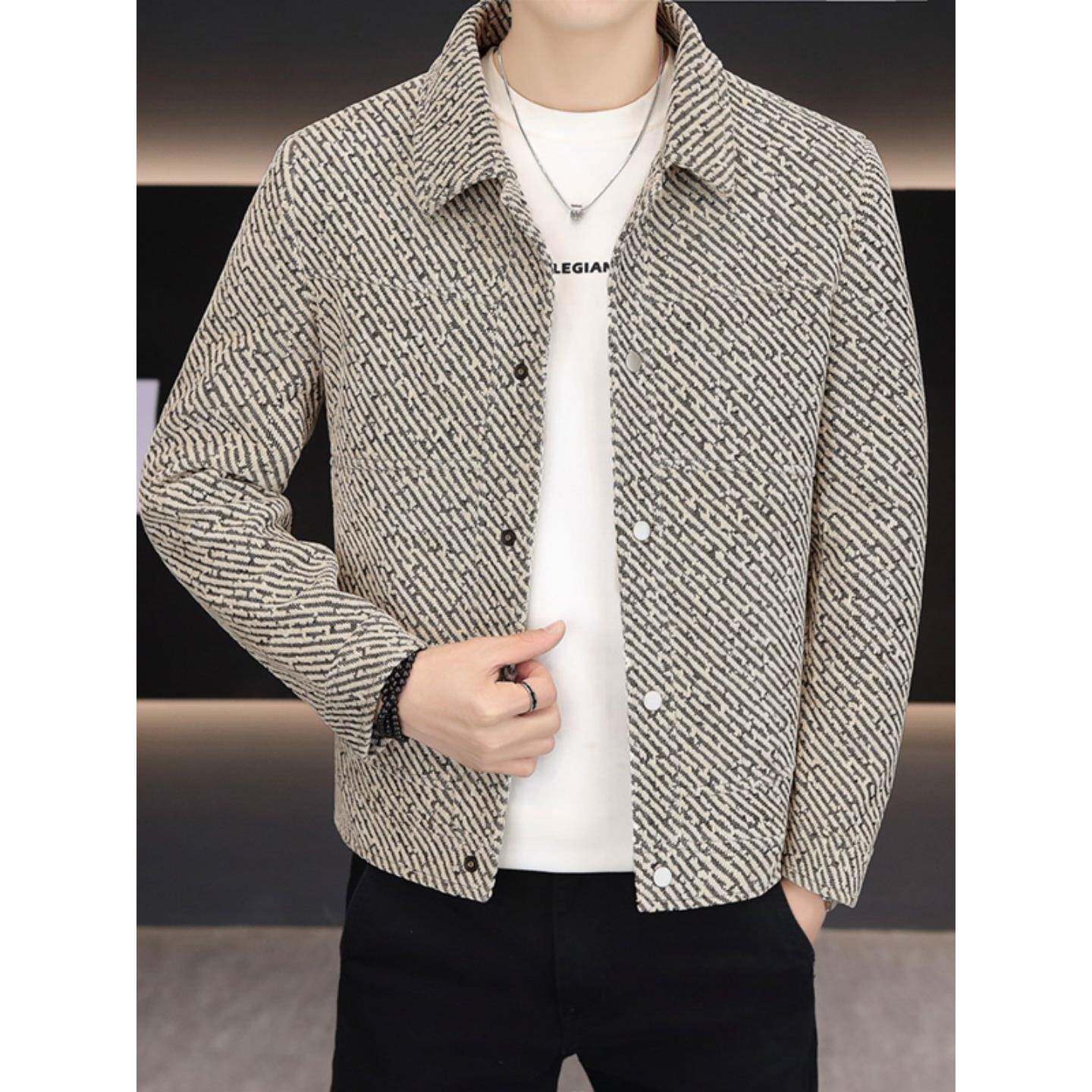 秋冬季男士外套高端呢子新款休闲翻领修身潮流短款加厚轻熟风夹克