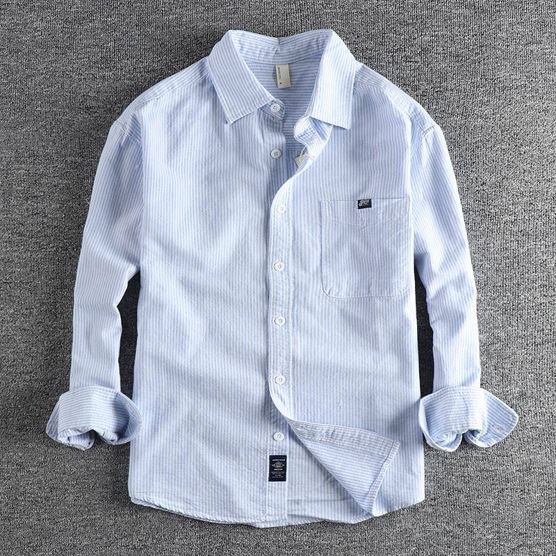 代购香港潮男春秋简约口袋休闲百搭修身衬衣复古男士条纹长袖衬衫