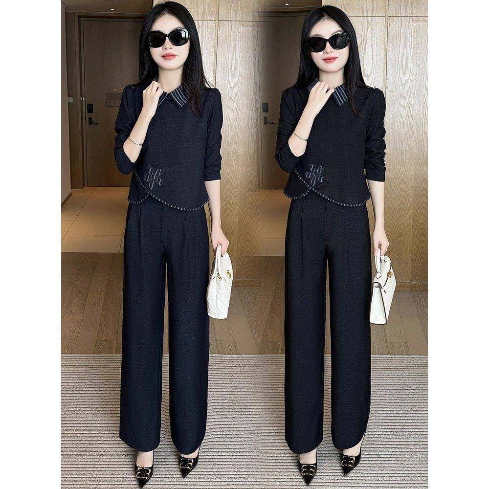 香港代购时尚牛仔套装女秋季新款显瘦设计感上衣阔腿裤气质两件套