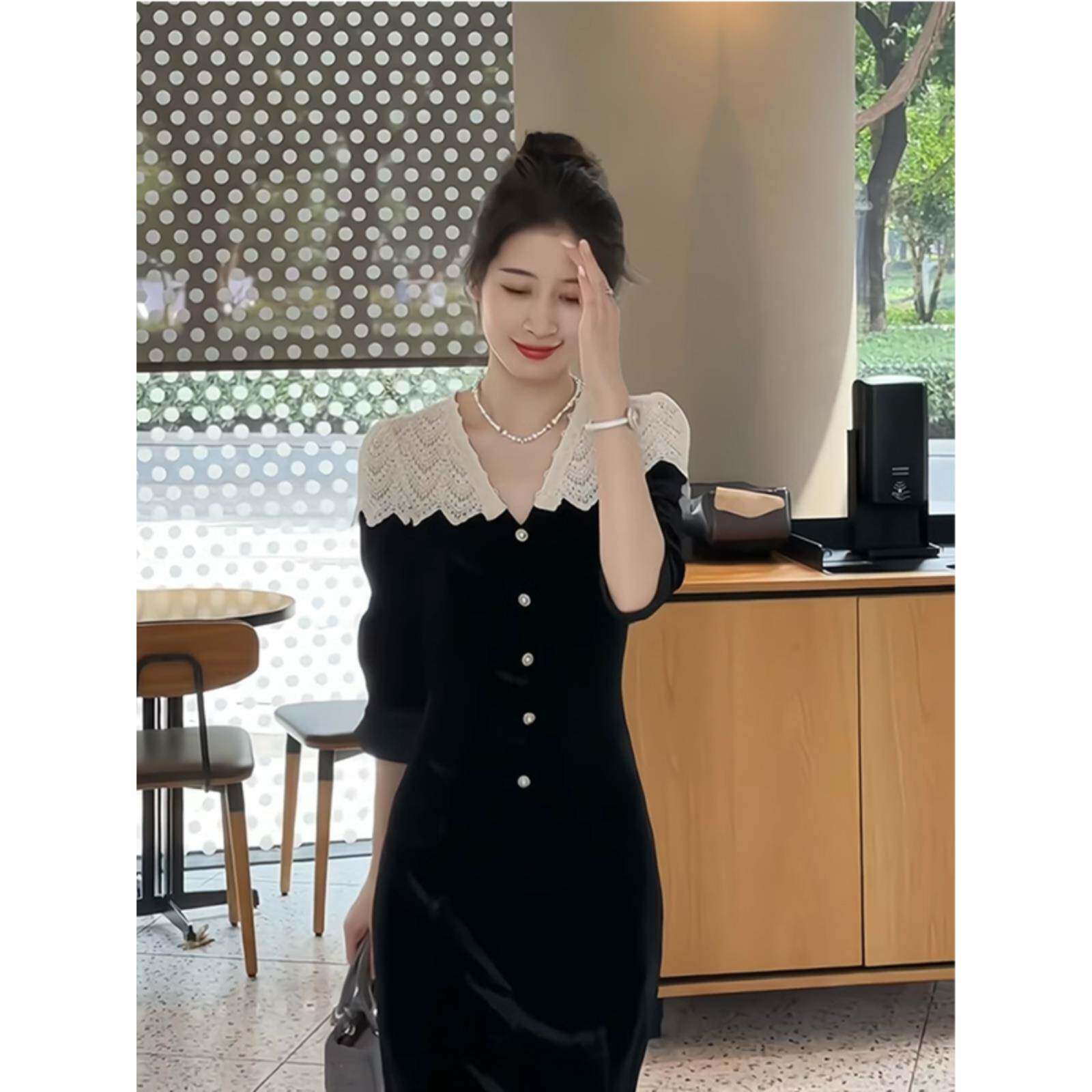 欧洲站秋装新款法式赫本风气质小礼裙高级感拼接黑色丝绒连衣裙女