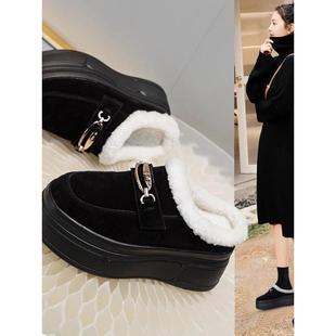 明星毛毛棉拖鞋女冬季加绒外穿百搭松糕厚底坡跟内增高包头半拖鞋