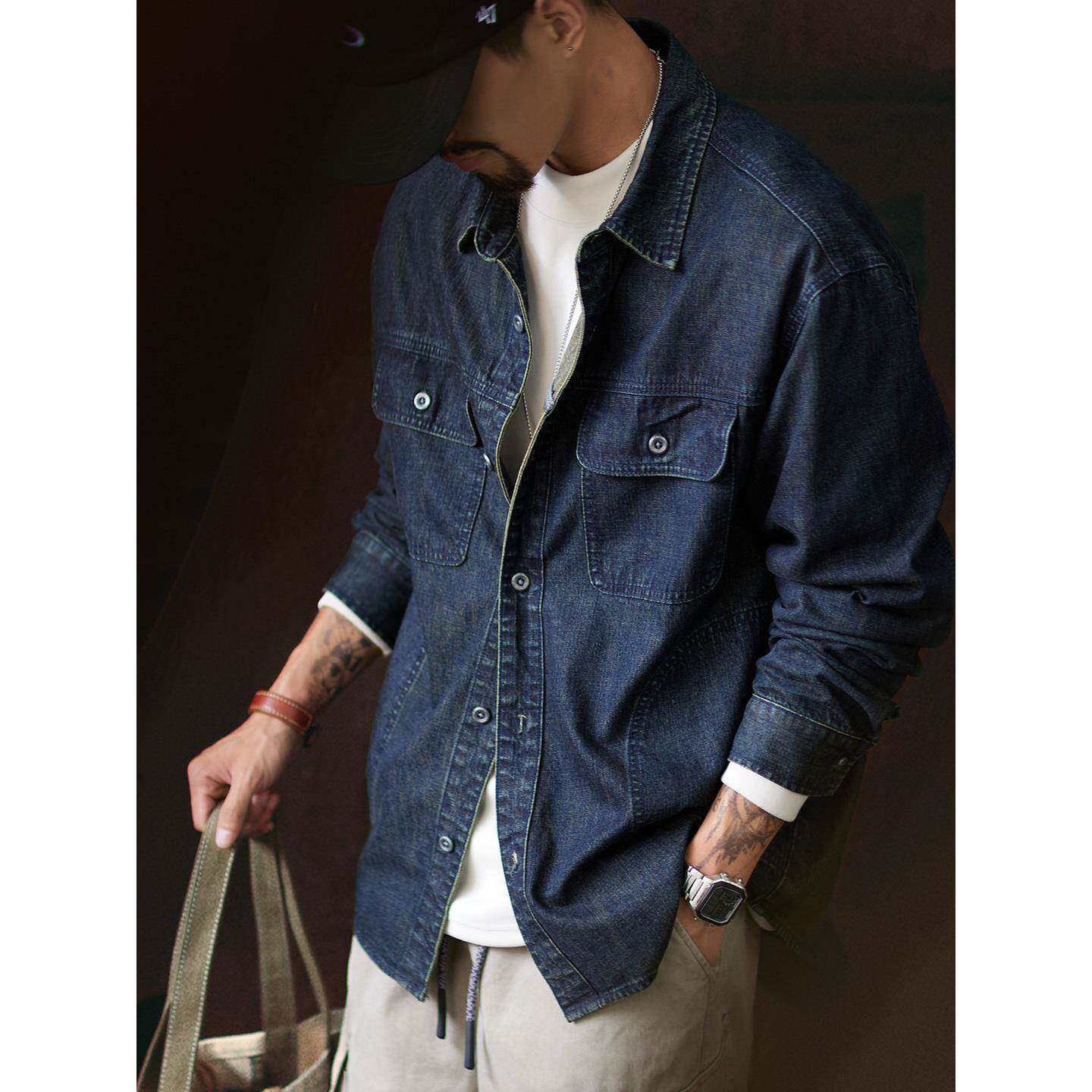 it neith BIAS潮牌竹节美式通勤长袖牛仔衬衫男秋季工装衬衣外套