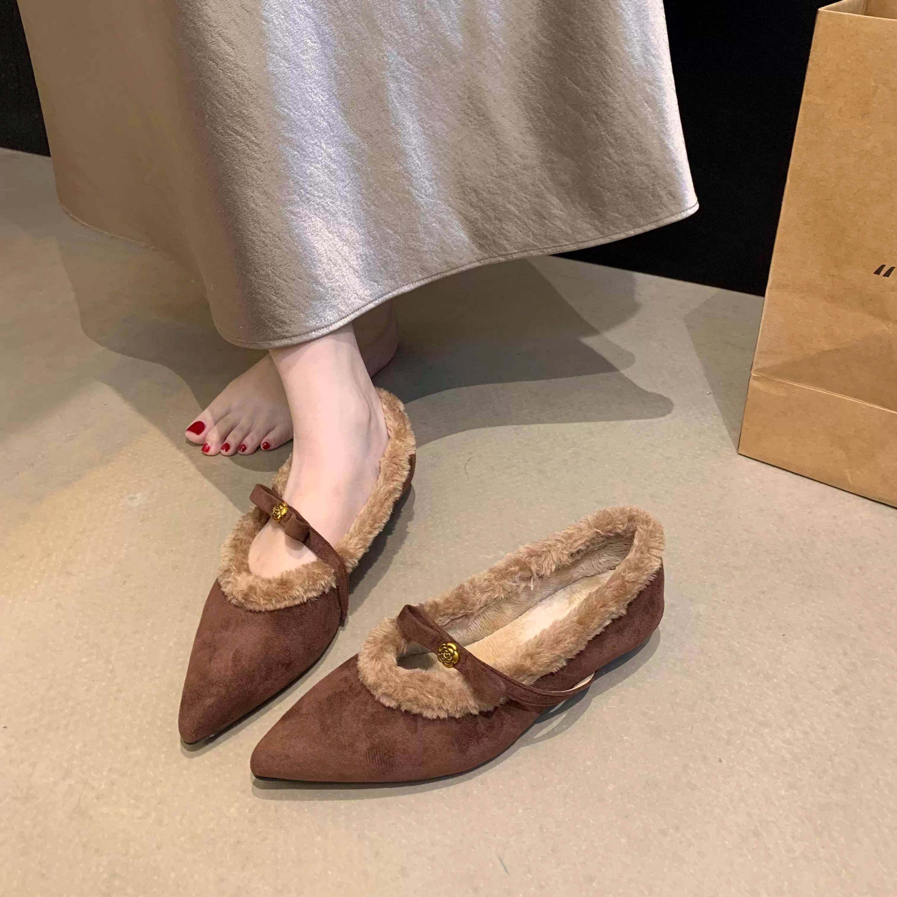 潮牌秋冬季新款加绒保暖浅口单鞋女粗跟山茶花蝴蝶结玛丽珍毛毛鞋,女鞋,浅口单鞋,淘宝优惠券,粉丝福利购,淘宝优惠卷