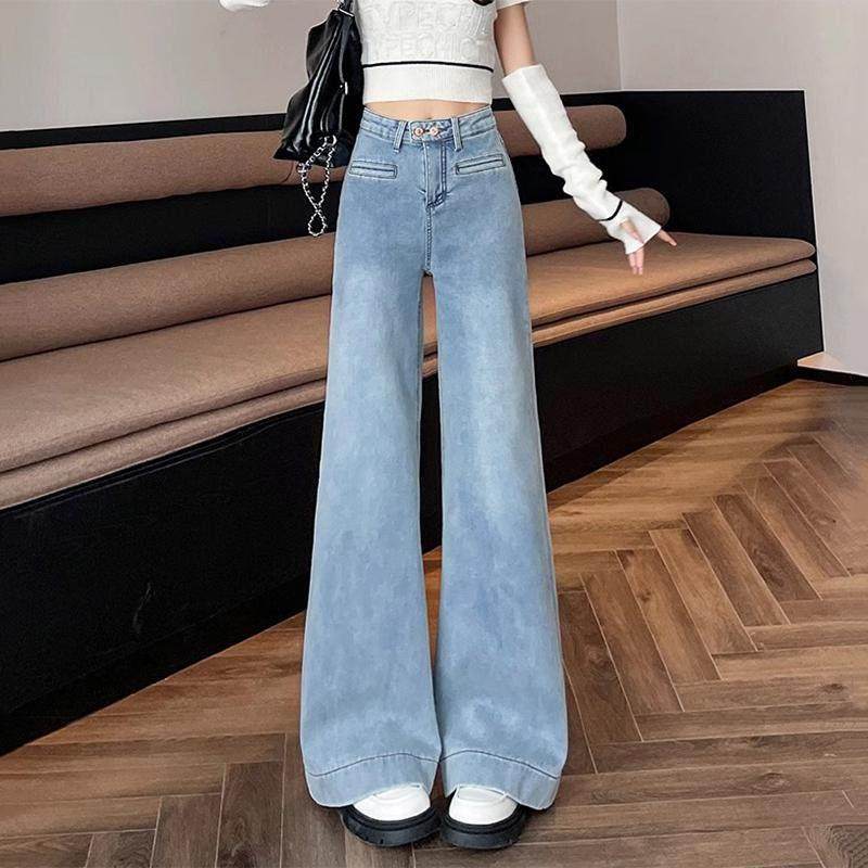 浅色加绒直筒牛仔裤女春秋冬2025新款阔腿设计感不贴腿拖地喇叭裤