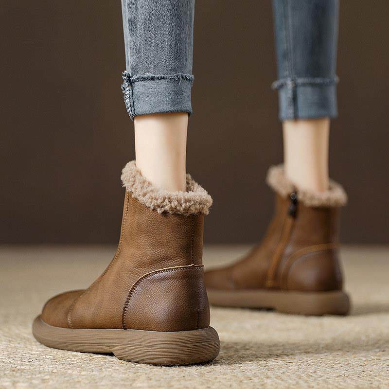 加绒加厚雪地靴女鞋棉短靴2025秋冬新款真皮防水防滑英伦风马丁靴