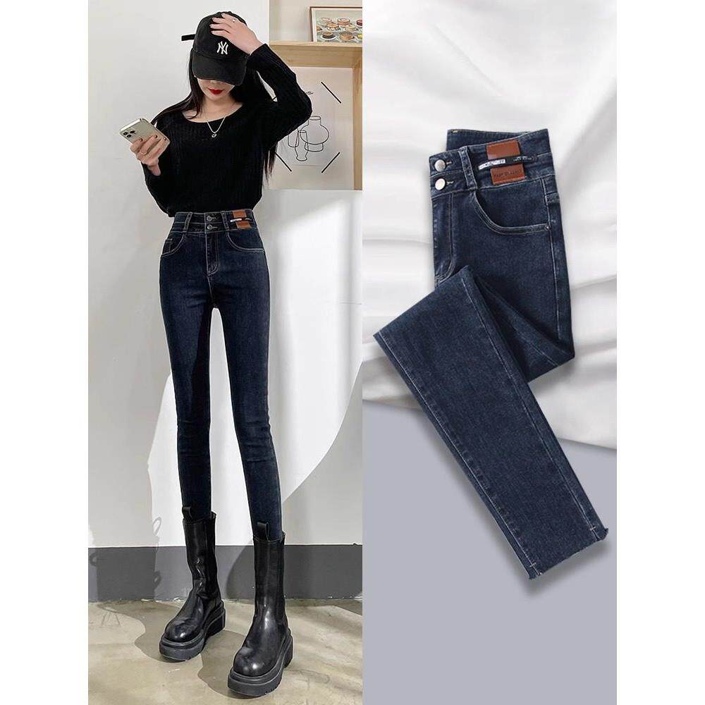 深蓝色牛仔裤女小脚加绒春秋2025新款高腰显瘦小个子紧身铅笔长裤