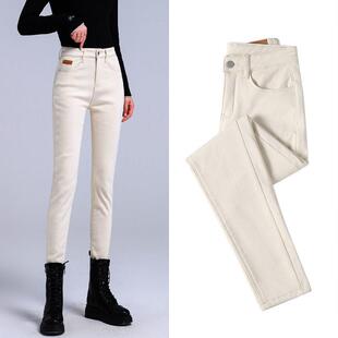 杏色高腰牛仔裤女春秋2025新款加长铅笔女裤紧身显瘦显高小脚裤子