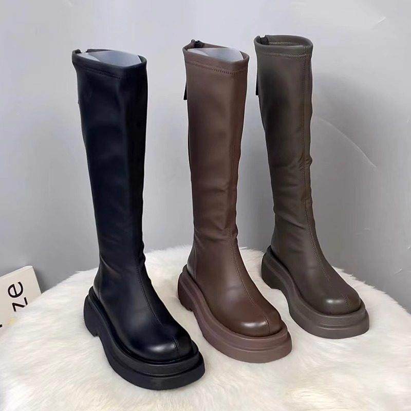 真皮厚底高筒靴女款2025年秋冬季新款小个子圆头马丁靴平底骑士靴