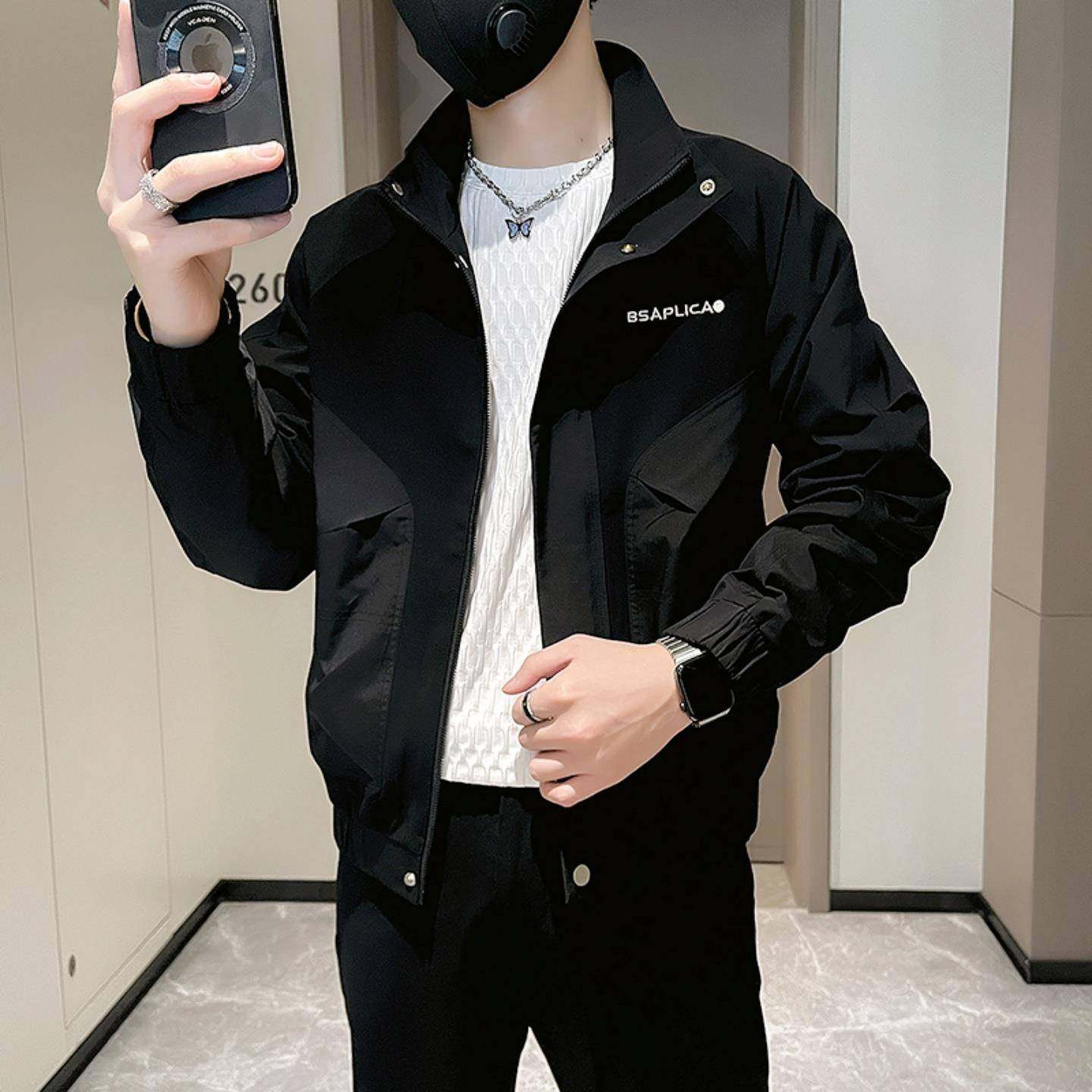 黑色休闲夹克男春秋季2025新款刺绣轻奢男士高端立领痞帅工装外套
