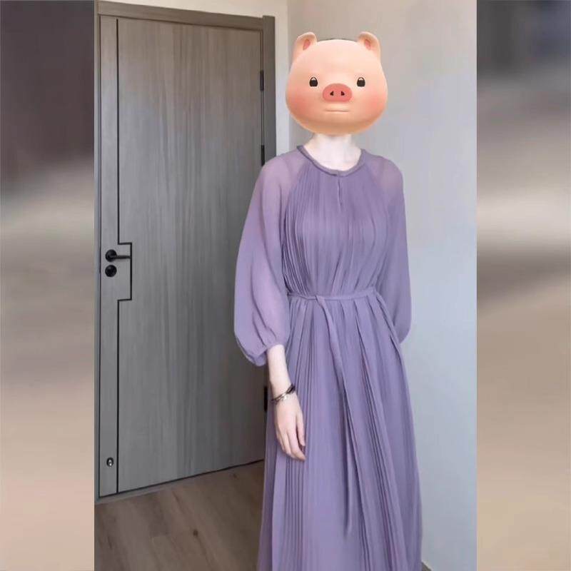 FAshi 2025年春季新款轻奢休闲风长裙女气质法式紫色雪纺连衣裙子