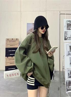 专柜2025秋冬新款军绿色中长款遮屁股卫衣女大码宽松加绒运动外套