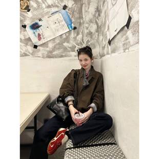 Coex Mall 首尔 ◆戈尔德~韩国春季翻领设计深咖色短款夹克外套女