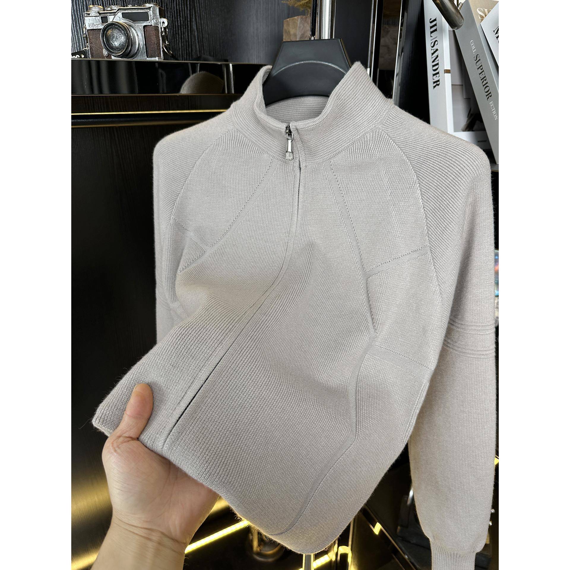 双拉炼立领开衫毛衣男士秋冬季加厚保暖高端时尚简约休闲针织外套