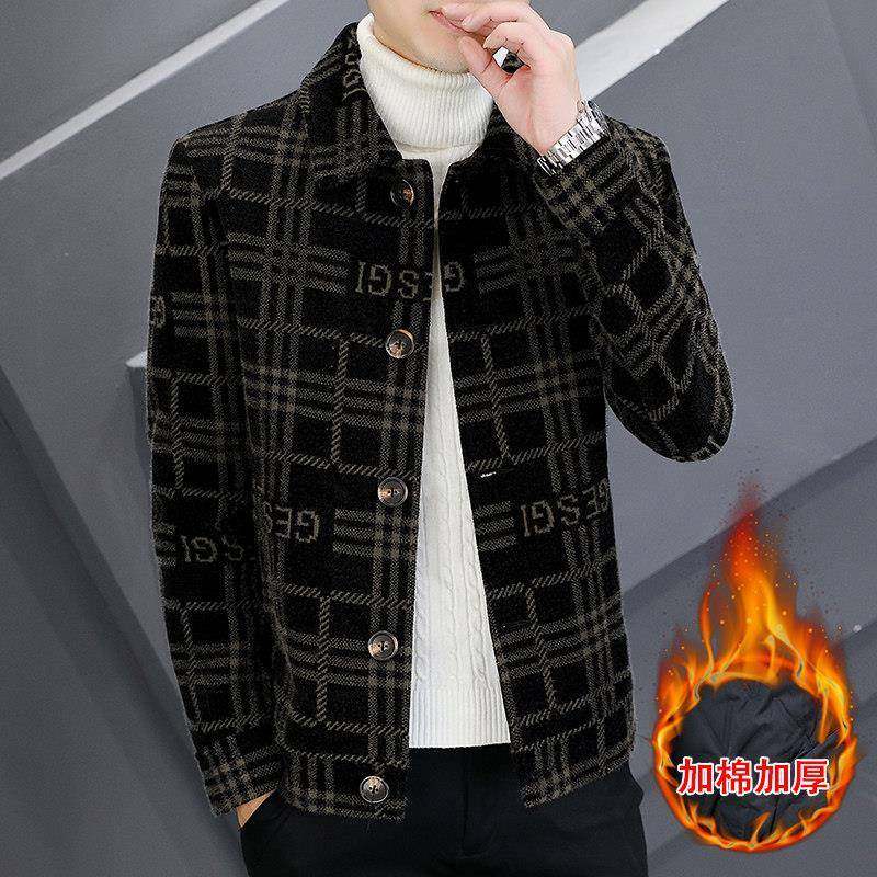 毛呢夹克外套男秋冬季修身潮流男士加棉加厚短款保暖格子呢子大衣