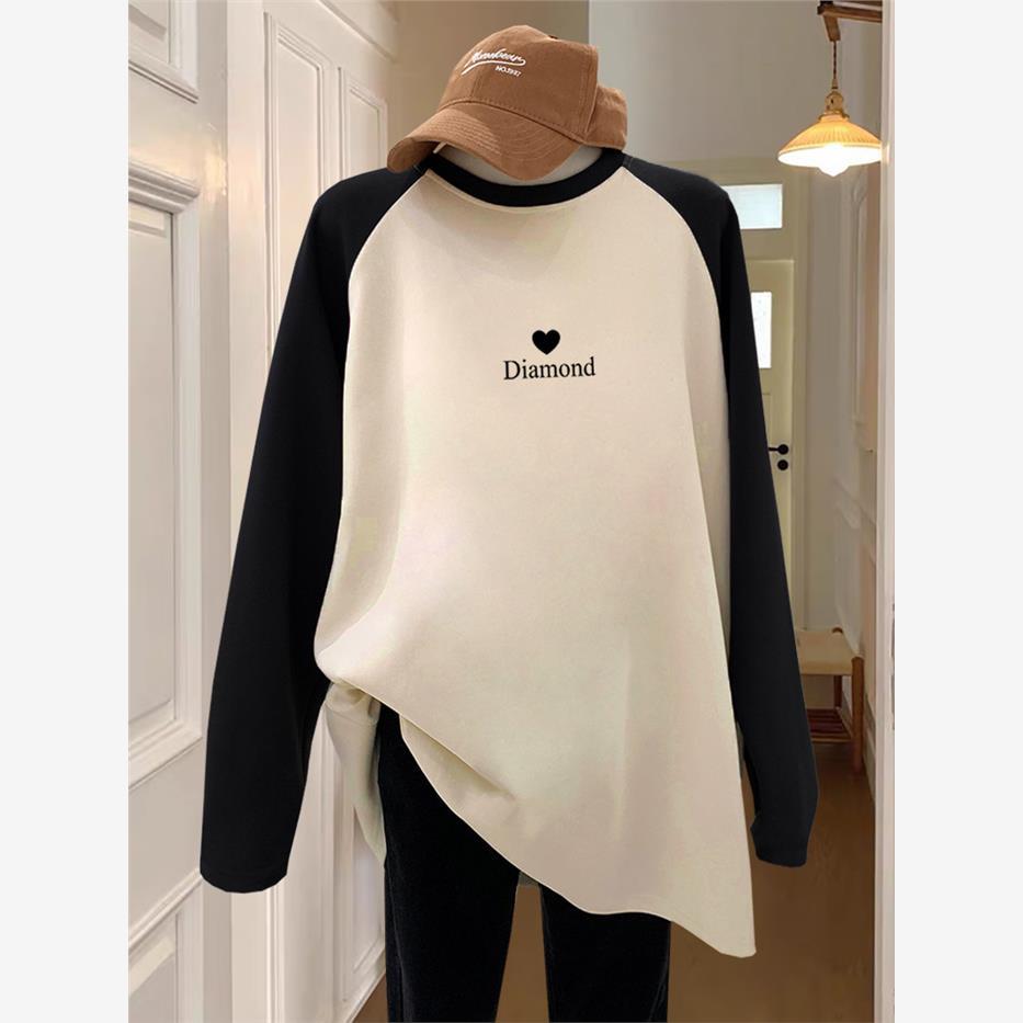 韩国2025年插肩拼色磨毛长袖t恤女宽松休闲中长款上衣打底衫冬季
