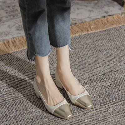 轻奢自留2025新款~羊皮粗跟单鞋女春秋季浅口低跟真皮方头高跟鞋