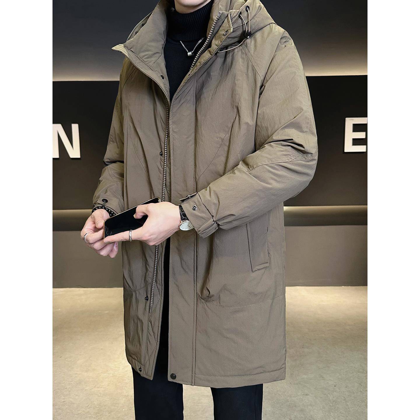 男士中长款羽绒服冬季加厚2025新款潮流高级感休闲风衣式连帽外套