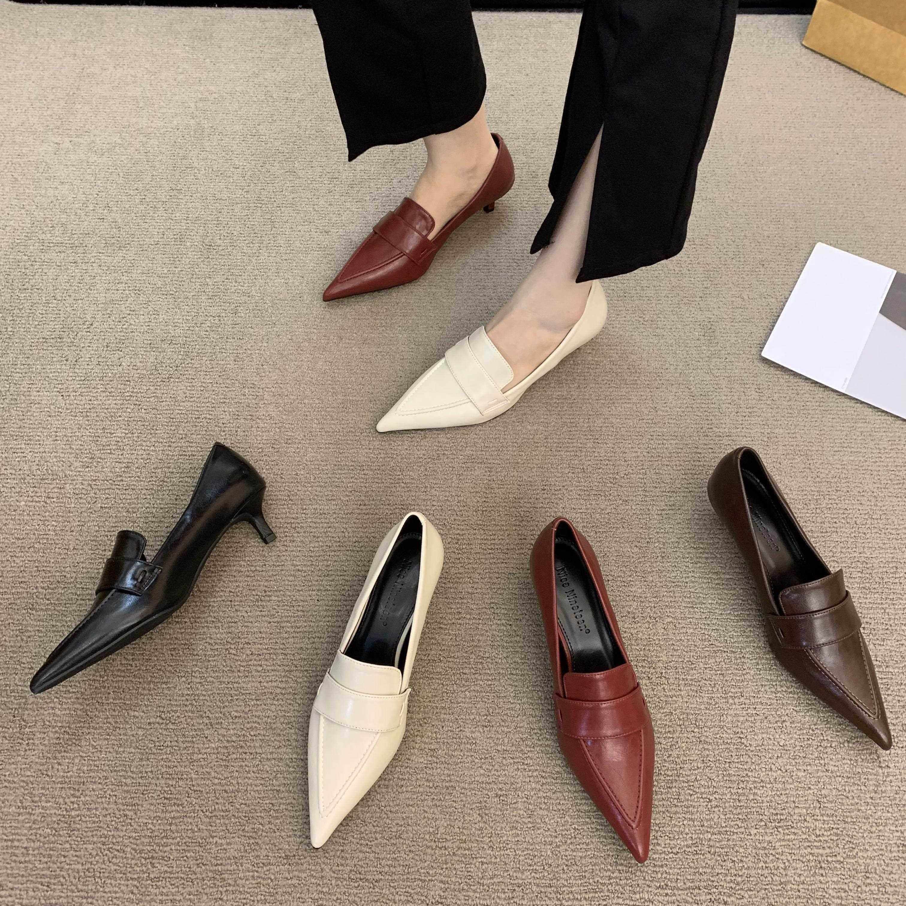 香港2025新款春季尖头小皮鞋女鞋时尚低帮深口单鞋女细跟中跟鞋子,女鞋,浅口单鞋,淘宝优惠券,粉丝福利购,淘宝优惠卷